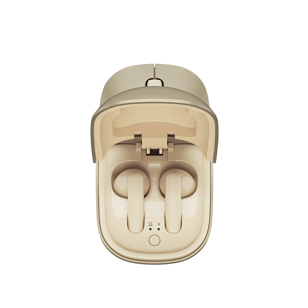 Lid open, earbuds charging inside the mouse